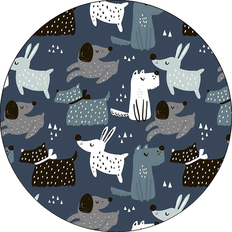 Sikunuo | Casual Kids Carpet in Blue Animal Rabbit Dog Pattern Carpet Polyester Stain Resistant Washable Carpet for the Children's Room
