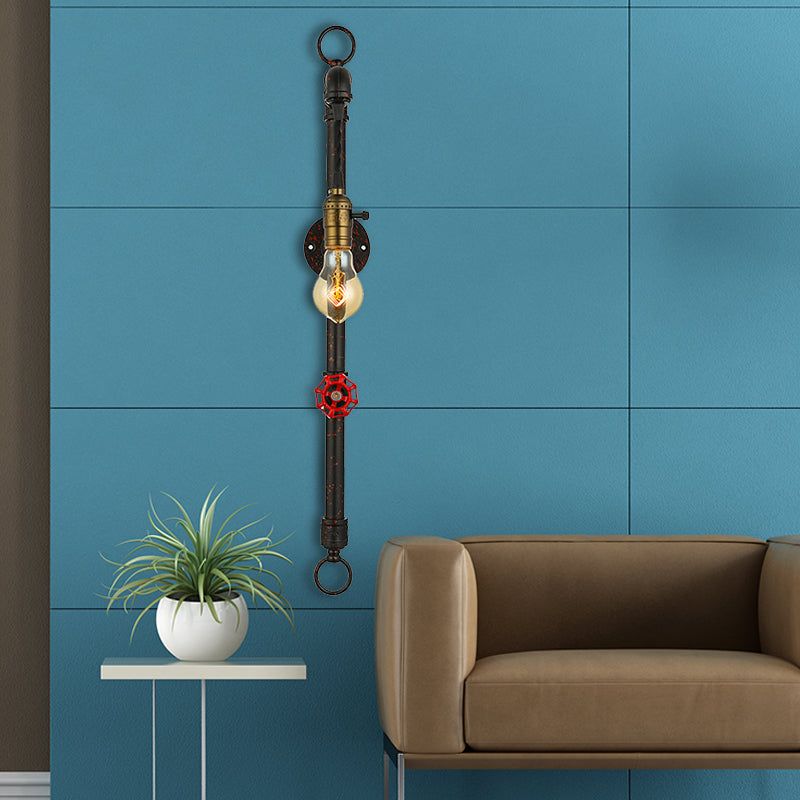 Sikunuo | Dark Rust Pipe Wall Light with Valve Vintage Stylish Metal 1 Light Living Room Wall Lamp