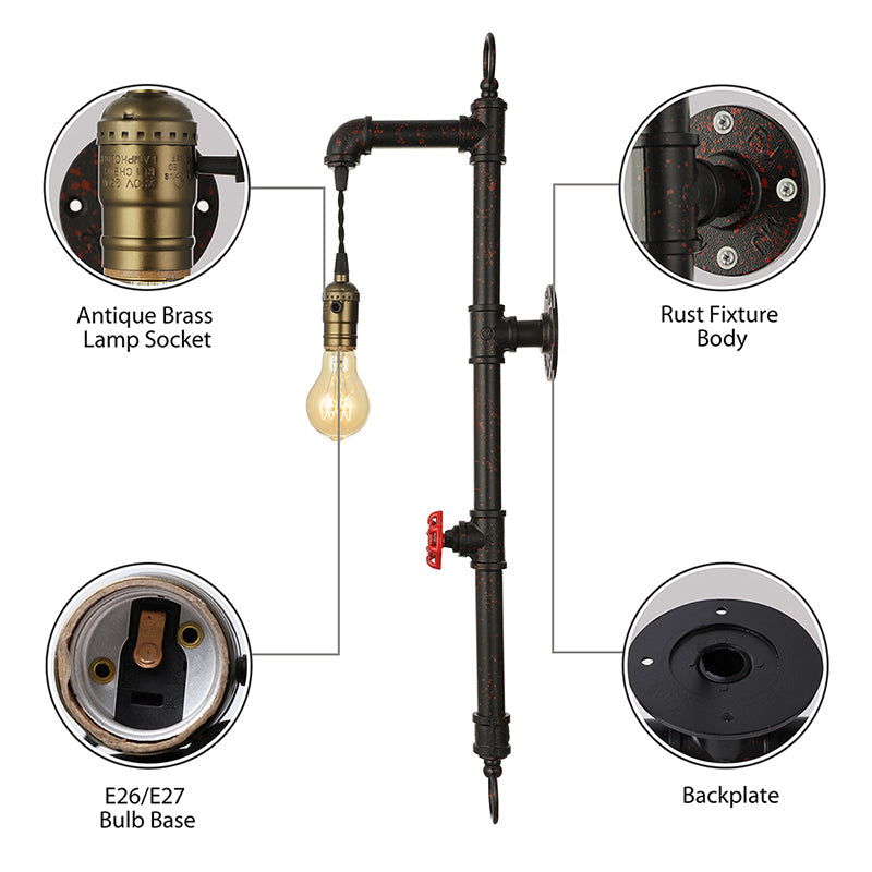 Sikunuo | Dark Rust Pipe Wall Light with Valve Vintage Stylish Metal 1 Light Living Room Wall Lamp