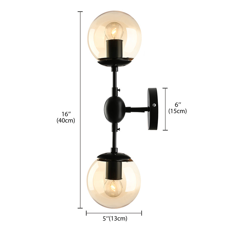 Sikunuo | Black 2-Light Wall Light Industrial Amber Glass Globe Shade Lighting Fixture for Living Room