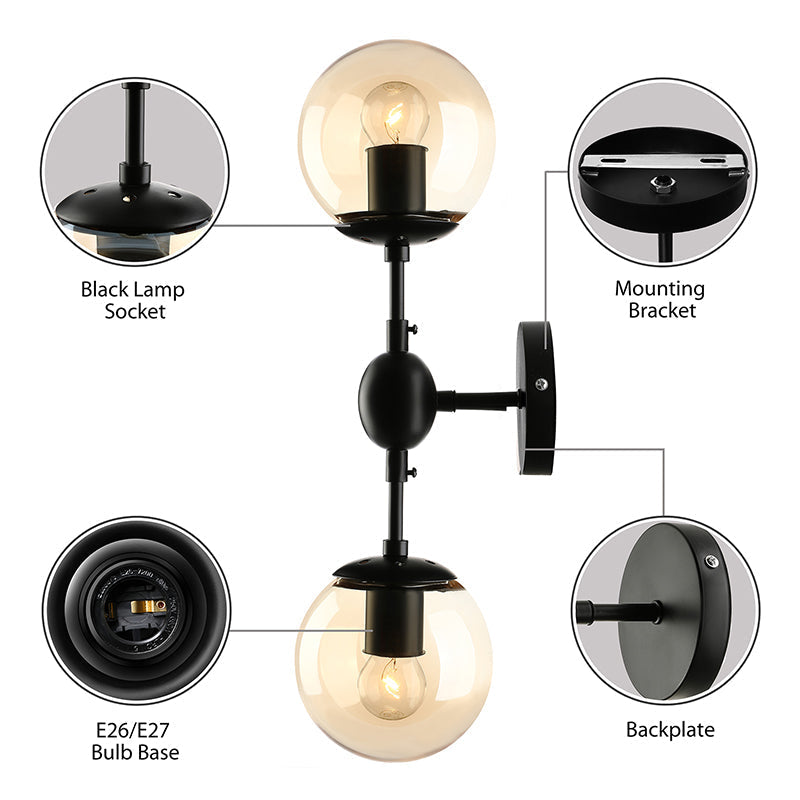 Sikunuo | Black 2-Light Wall Light Industrial Amber Glass Globe Shade Lighting Fixture for Living Room