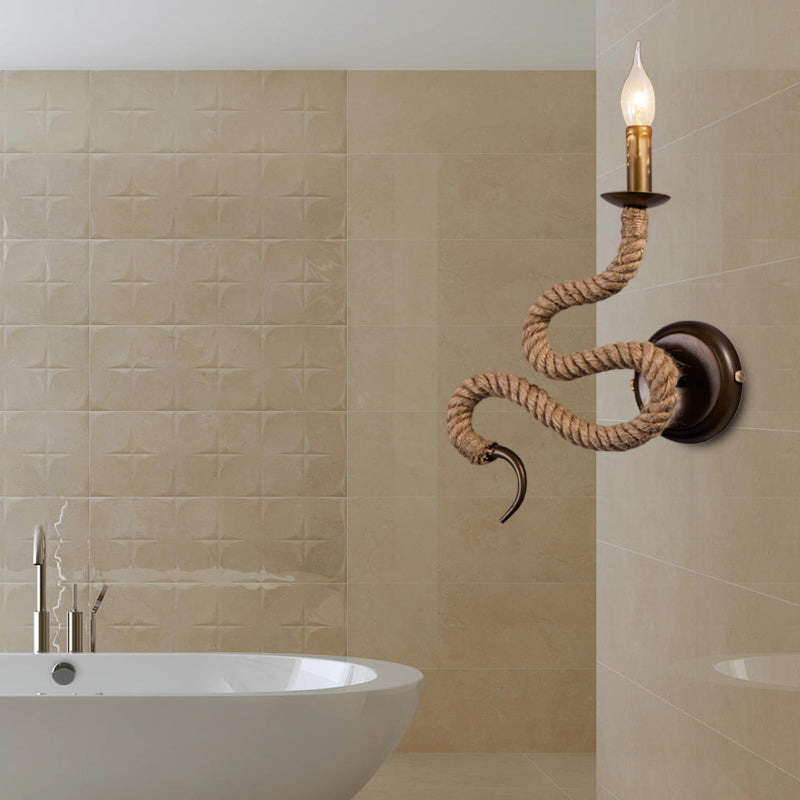 Sikunuo | Candle Holder Ropestone Wall Lamp with Curved Design Vintage 1 Light Bedroom Wall Mounted Lamp in Bronze