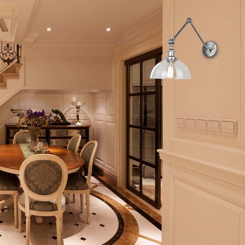 Sikunuo | Dome Clear Glass Wall Lamp Industrial Simple Bulb Dining Room Sconces Light in Chrome