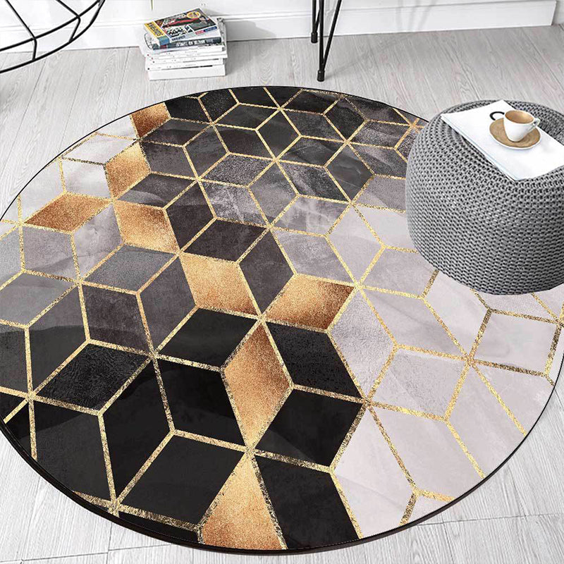 Sikunuo | Black and Gray Modern Rug Polyester Geometric Print Rug Washable Non-Slip Back Rug for Living Room