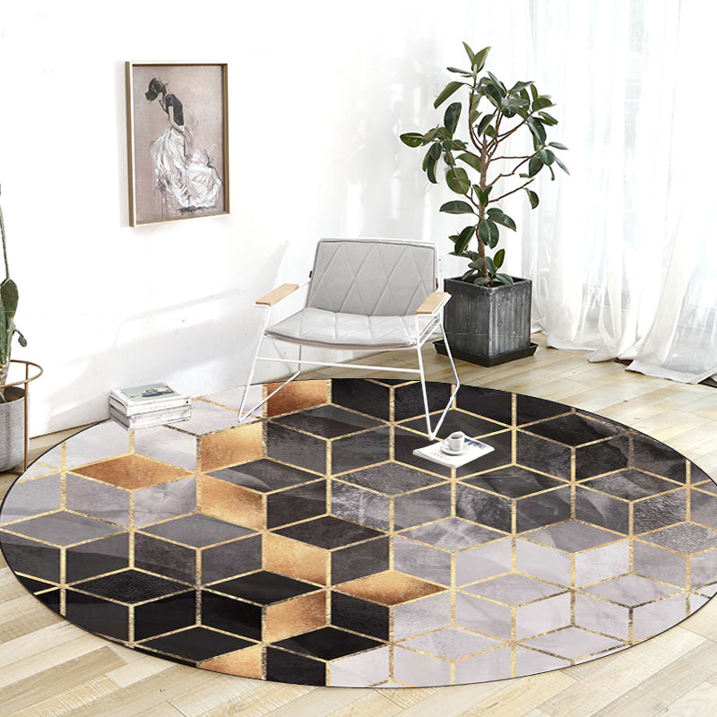 Sikunuo | Black and Gray Modern Rug Polyester Geometric Print Rug Washable Non-Slip Back Rug for Living Room