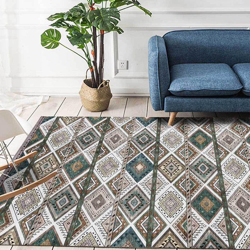 Sikunuo | Persian Azulejos Print Rug Green Polyester Rug Machine Washable Non-Slip Rug for Living Room
