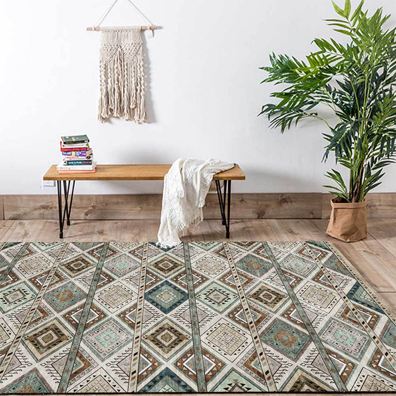 Sikunuo | Persian Azulejos Print Rug Green Polyester Rug Machine Washable Non-Slip Rug for Living Room