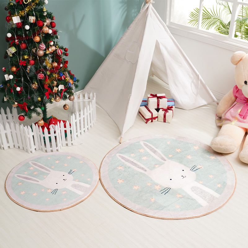 Sikunuo | Kids Cartoon Bunny Pattern Rug Green Polyester Rug Washable Non-Slip Back Rug for Home Decor