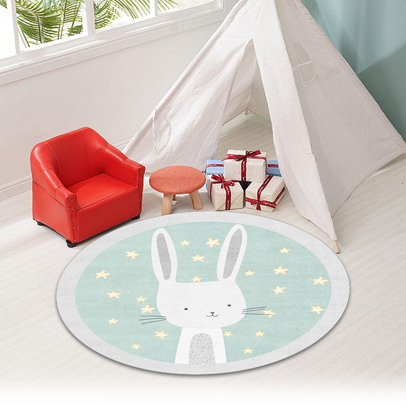 Sikunuo | Kids Cartoon Bunny Pattern Rug Green Polyester Rug Washable Non-Slip Back Rug for Home Decor