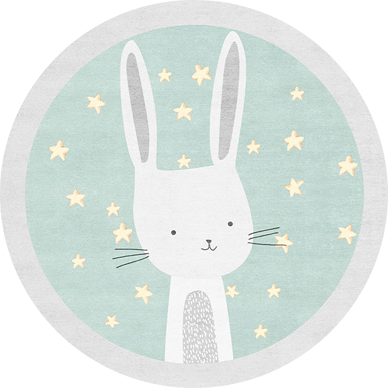 Sikunuo | Kids Cartoon Bunny Pattern Rug Green Polyester Rug Washable Non-Slip Back Rug for Home Decor