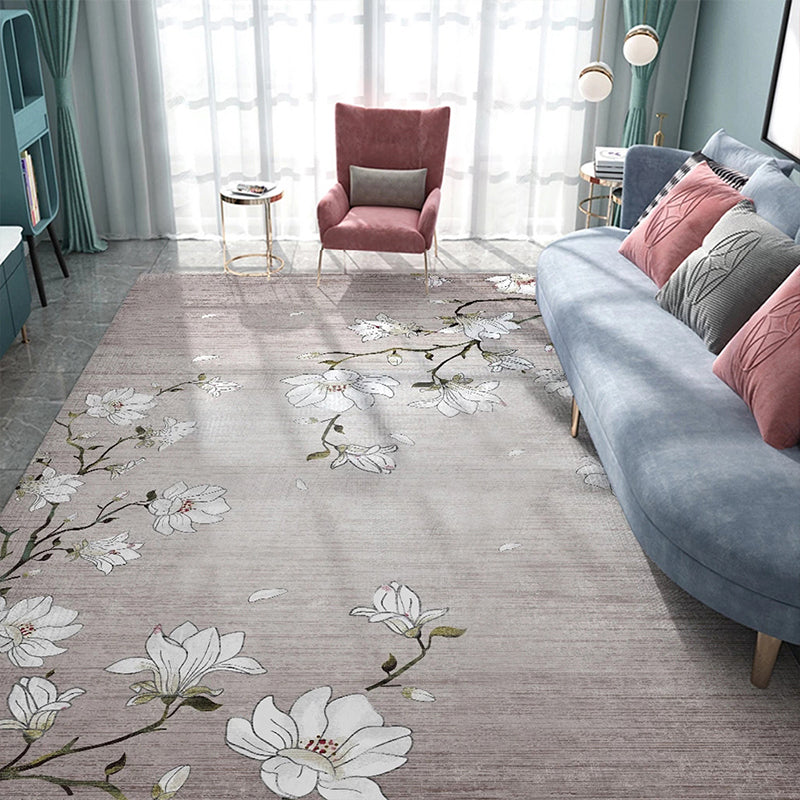 Sikunuo | Light Red Oriental Carpet Polyester Floral Element Carpet Washable Non-Slip Back Carpet for Living Room