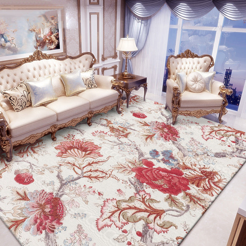 Sikunuo | Vintage Floral Pattern Rug Red Polyester Rug Machine Washable Non-Slip Rug for the Living Room