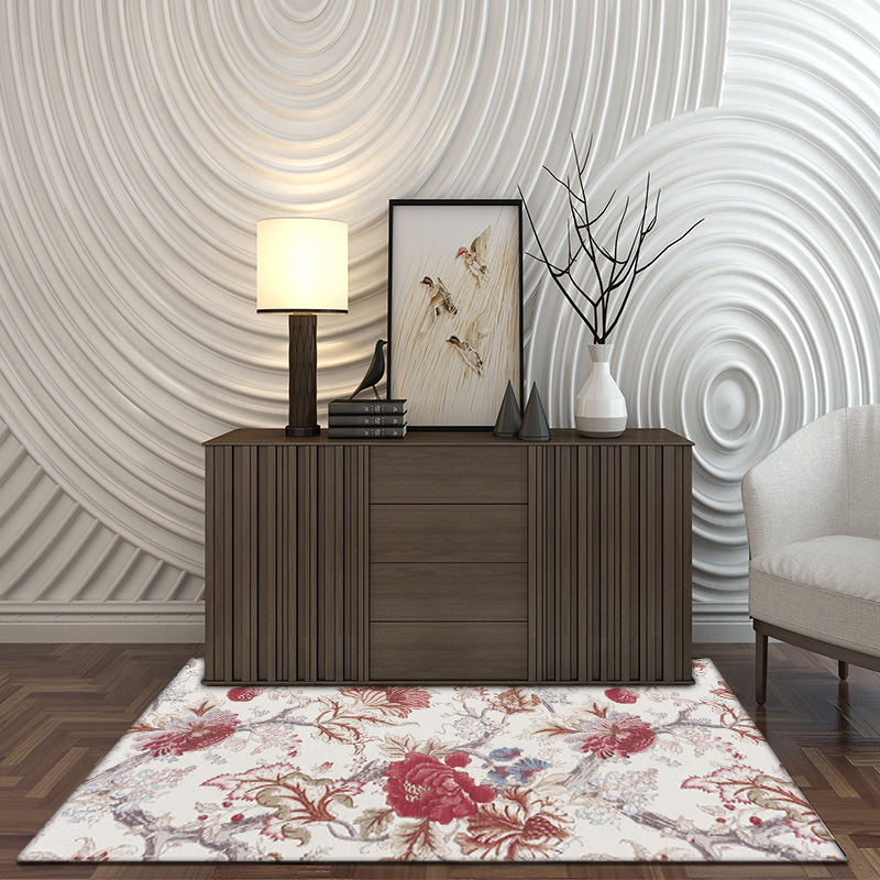 Sikunuo | Vintage Floral Pattern Rug Red Polyester Rug Machine Washable Non-Slip Rug for the Living Room