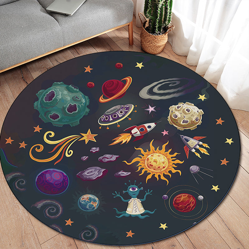 Sikunuo | Children's room carpet in black space alien planet rocket print carpet polyester machine washable area rug