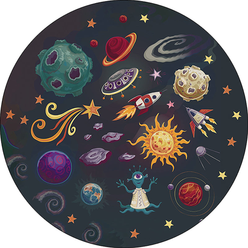 Sikunuo | Children's room carpet in black space alien planet rocket print carpet polyester machine washable area rug