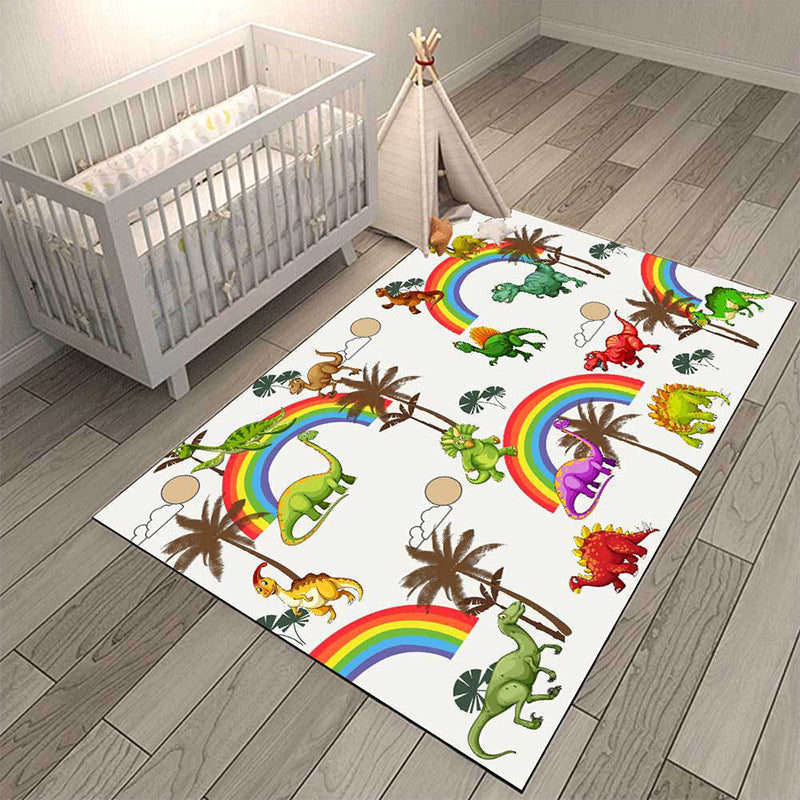 Sikunuo | White Children's Room Rug Kids Animal Dinosaurs Rainbow Tree Pattern Area Rug Polyester Washable Pet-Friendly Carpet