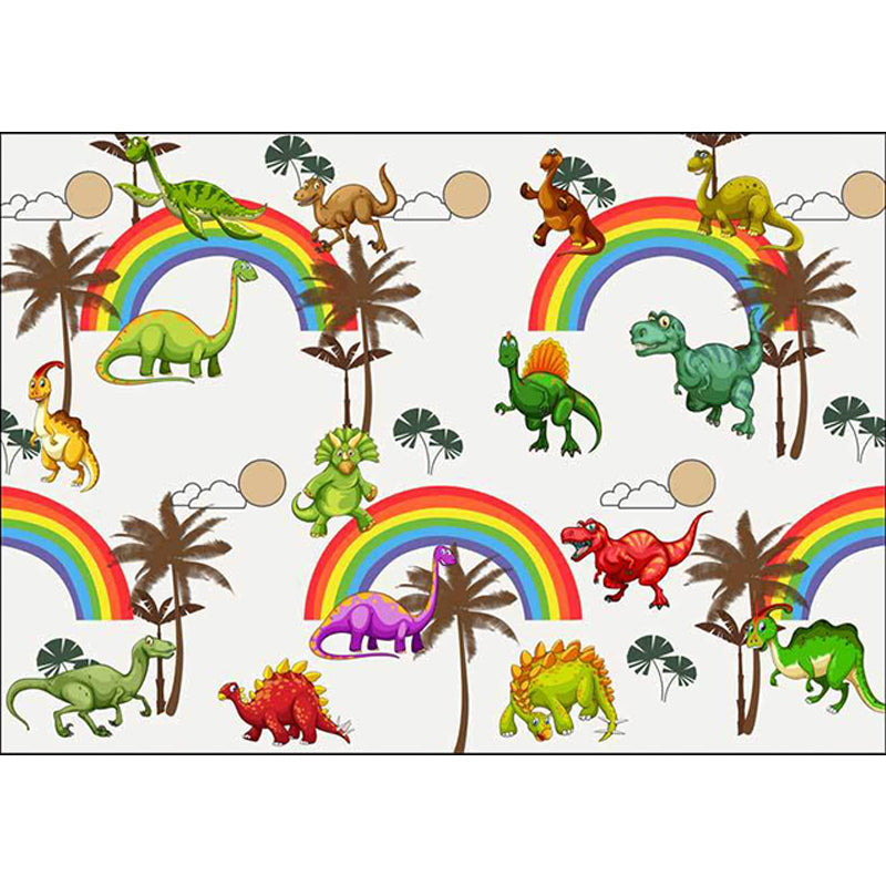 Sikunuo | White Children's Room Rug Kids Animal Dinosaurs Rainbow Tree Pattern Area Rug Polyester Washable Pet-Friendly Carpet