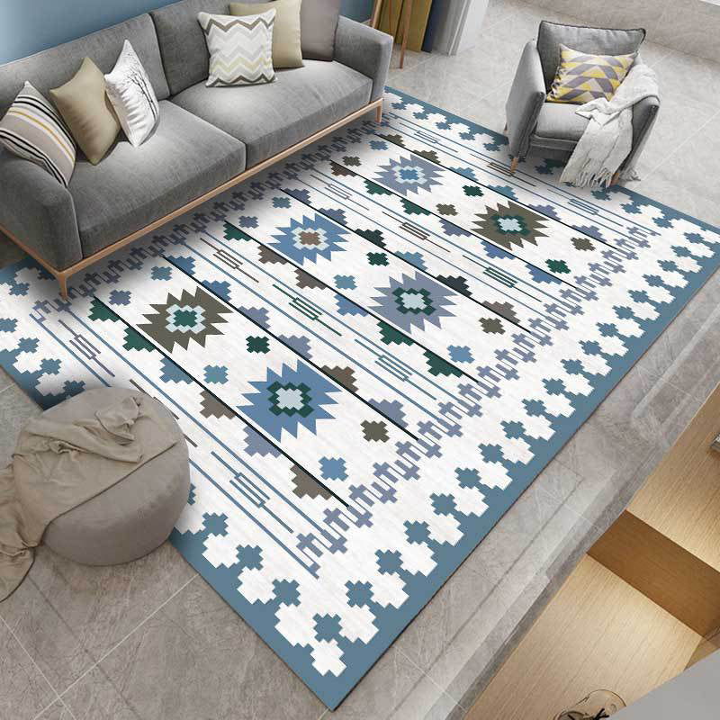 Sikunuo | Southwest geometric printed carpet blue and brown polyester rug machine washable non-slip doormat for living room