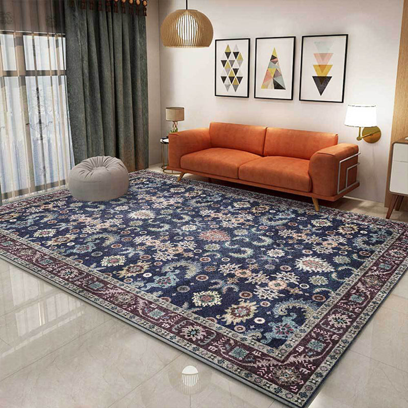 Sikunuo | Unique floral patterned carpet with leaf Blue Vintage carpet polyester washable non-slip backing carpet for bedroom