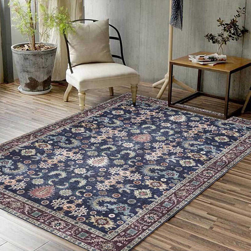 Sikunuo | Unique floral patterned carpet with leaf Blue Vintage carpet polyester washable non-slip backing carpet for bedroom