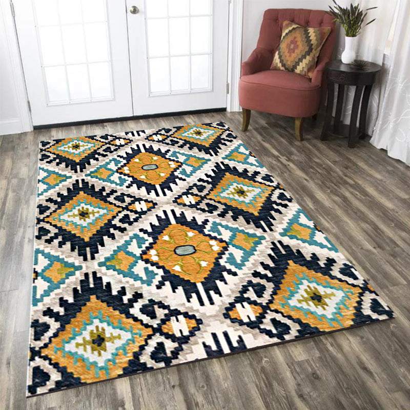 Sikunuo | Yellow and black Persian carpet polyester checked pattern washable carpet non-slip backing carpet for living room