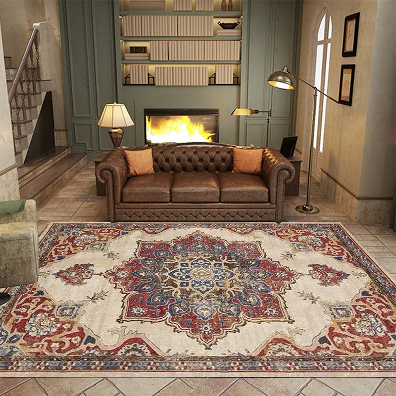 Sikunuo | Vintage Medallion Pattern Rug Brown Polyester Rug Machine Washable Non-Slip Rug for the Living Room