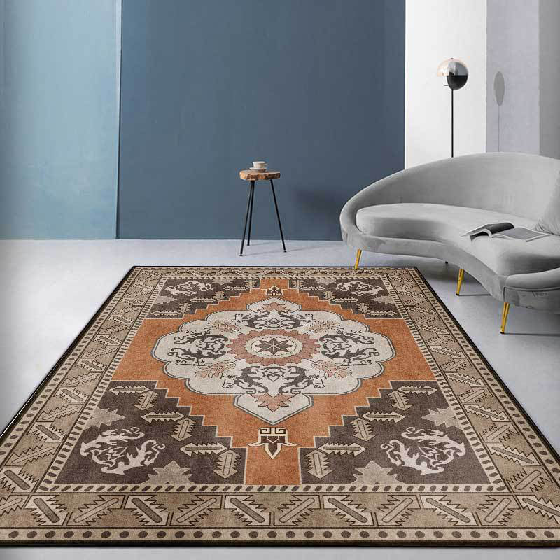 Sikunuo | Brown Persian carpet polyester medallion and floral pattern carpet washable non-slip backing carpet for the living room