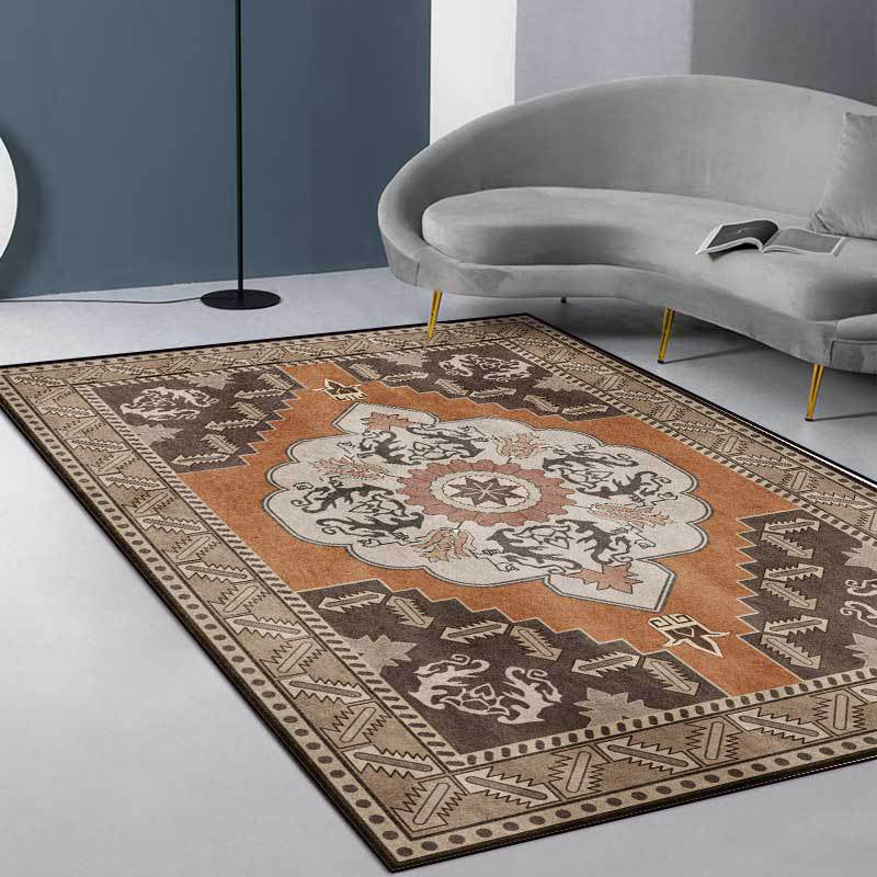 Sikunuo | Brown Persian carpet polyester medallion and floral pattern carpet washable non-slip backing carpet for the living room