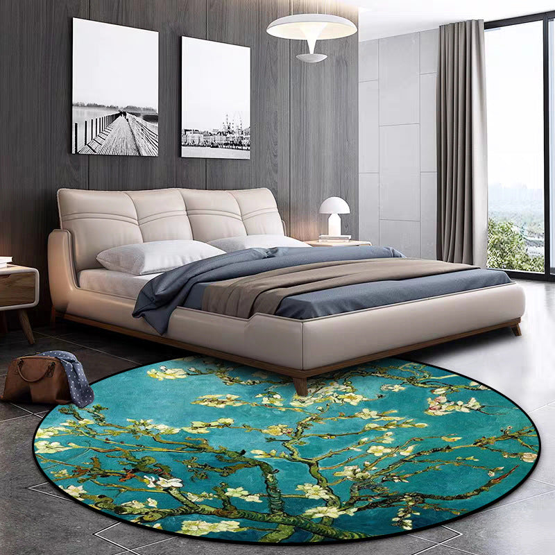 Sikunuo | Retro Floral Pattern Rug Blue Traditional Rug Polyester Washable Non-Slip Back Rug for Living Room