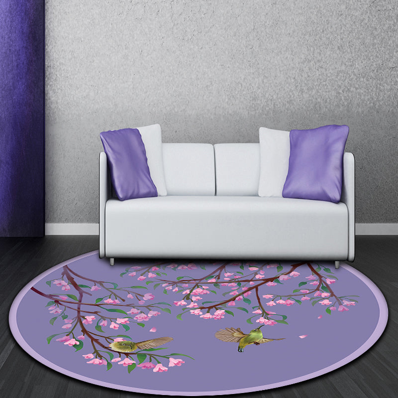 Sikunuo | Purple Oriental Carpet Polyester Flower and Bird Motif Carpet Washable With Non-Slip Back Carpet for Bedroom