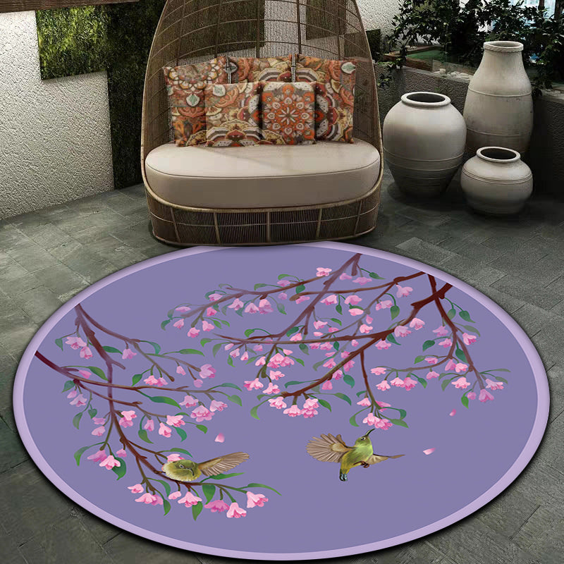 Sikunuo | Purple Oriental Carpet Polyester Flower and Bird Motif Carpet Washable With Non-Slip Back Carpet for Bedroom