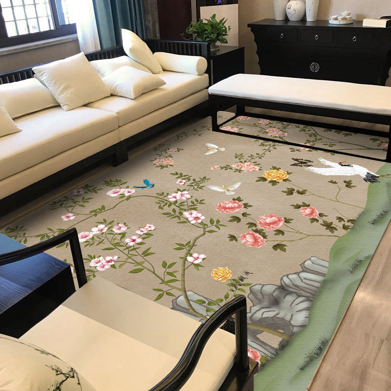 Sikunuo | Vintage Floral Pattern Carpet with Bird and Leaf Khaki Polyester Carpet Machine Washable Non-Slip Area Rug for Living Room