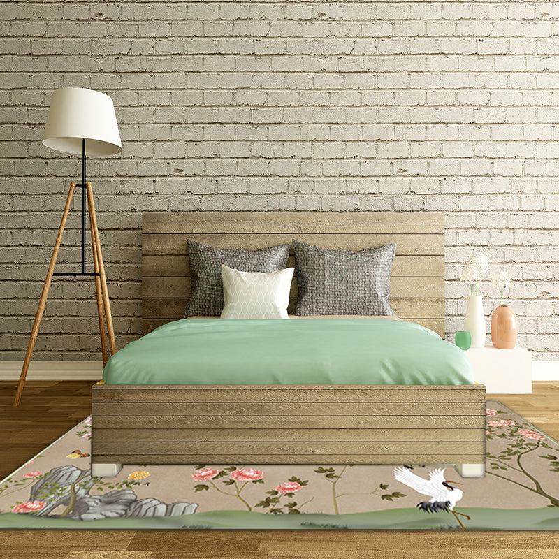 Sikunuo | Vintage Floral Pattern Carpet with Bird and Leaf Khaki Polyester Carpet Machine Washable Non-Slip Area Rug for Living Room