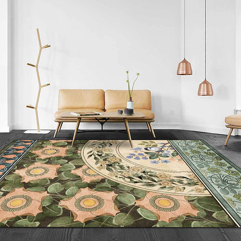 Sikunuo | Green Oriental Carpet Polyester Flower and Bird Pattern Carpet Washable Non-Slip Backing Carpet for Bedroom