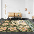 Sikunuo | Green Oriental Carpet Polyester Flower and Bird Pattern Carpet Washable Non-Slip Backing Carpet for Bedroom