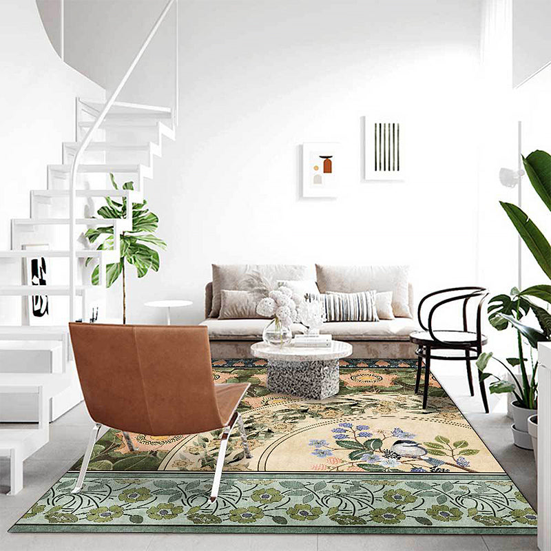 Sikunuo | Green Oriental Carpet Polyester Flower and Bird Pattern Carpet Washable Non-Slip Backing Carpet for Bedroom
