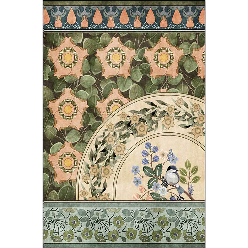 Sikunuo | Green Oriental Carpet Polyester Flower and Bird Pattern Carpet Washable Non-Slip Backing Carpet for Bedroom