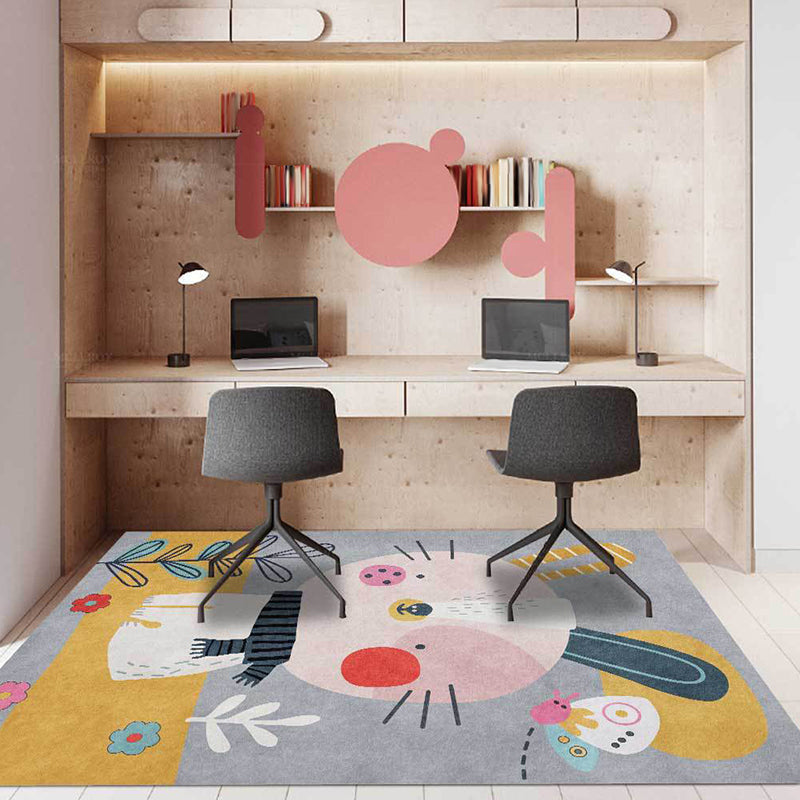Sikunuo | Casual Kids Rug in Gray Animal Rabbit Floral Leaf Pattern Rug Polyester Pet-Friendly Washable Rug for Children's Room