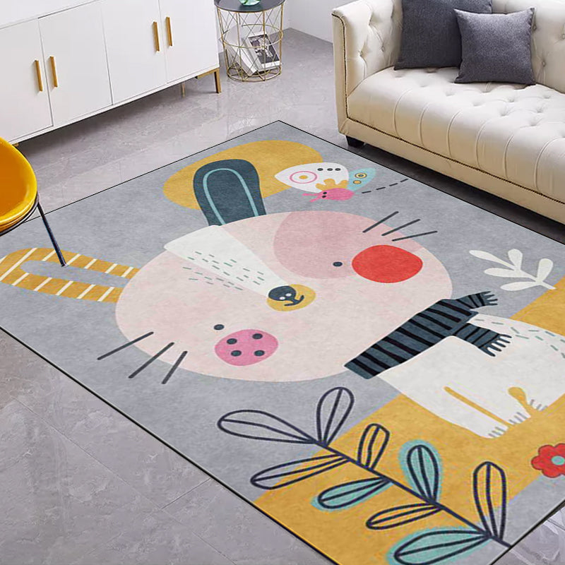 Sikunuo | Casual Kids Rug in Gray Animal Rabbit Floral Leaf Pattern Rug Polyester Pet-Friendly Washable Rug for Children's Room
