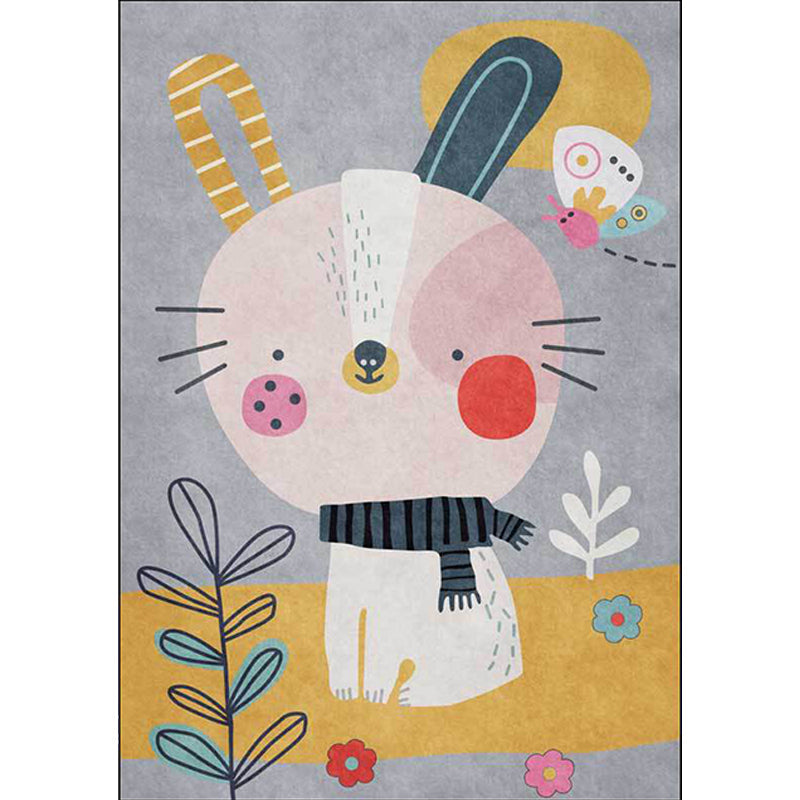 Sikunuo | Casual Kids Rug in Gray Animal Rabbit Floral Leaf Pattern Rug Polyester Pet-Friendly Washable Rug for Children's Room