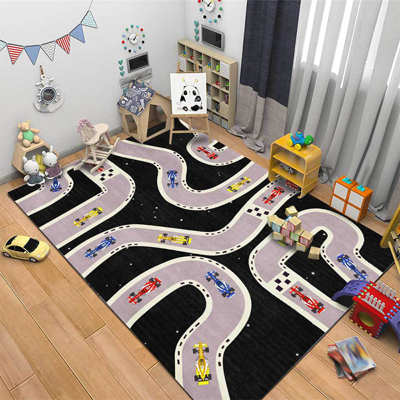 Sikunuo | Kids Bedroom Rug in Black Cars & Roads Print Rug Polyester Non-Slip Back Washable Rug