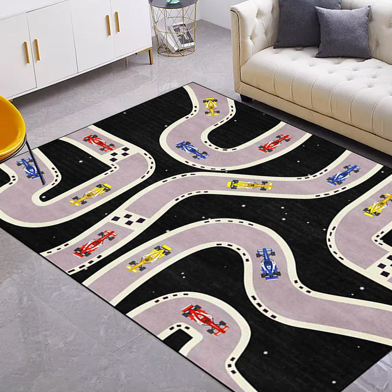 Sikunuo | Kids Bedroom Rug in Black Cars & Roads Print Rug Polyester Non-Slip Back Washable Rug