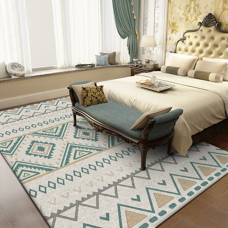 Sikunuo | Americana Geometric Print Rug Green Polyester Rug Machine Washable Non-Slip Rug for Living Room