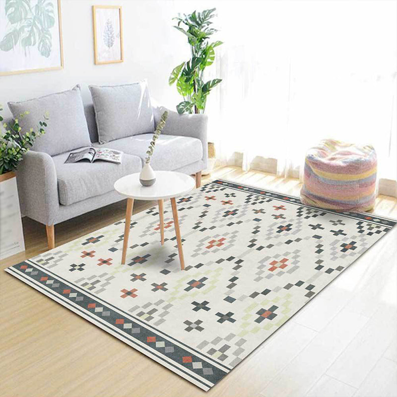 Sikunuo | White Tribal Carpet Polyester Geometric Pattern Carpet Washable Non-Slip Back Carpet for Living Room