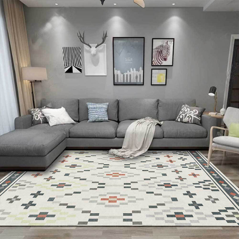 Sikunuo | White Tribal Carpet Polyester Geometric Pattern Carpet Washable Non-Slip Back Carpet for Living Room