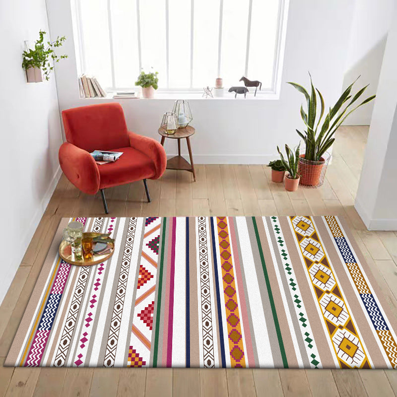 Sikunuo | White Multicolor Tribal Carpet Polyester Striped Pattern Carpet Washable Non-Slip Back Carpet for Living Room