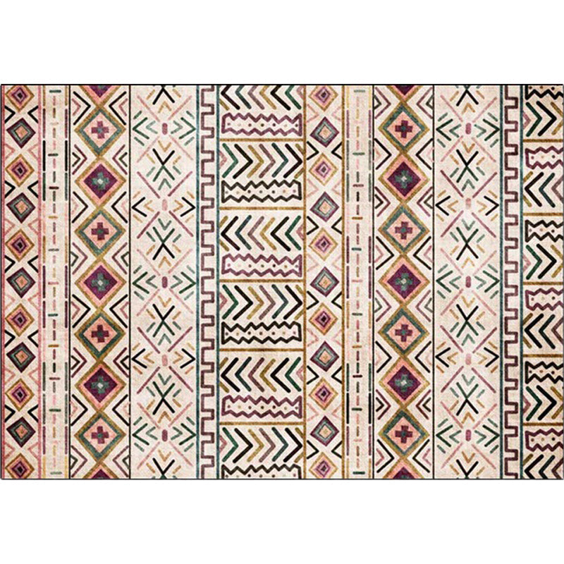Sikunuo | Beige Tribal Rug Polyester Geometric and Striped Pattern Rug Washable Non-Slip Back Rug for Living Room