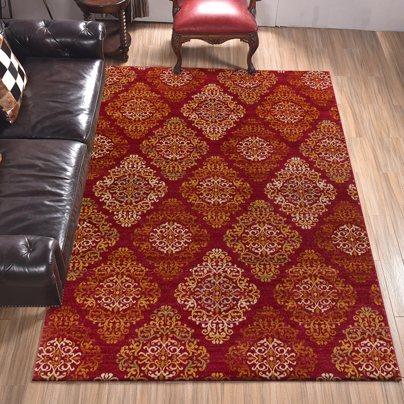 Sikunuo | Persian checkered printed carpet with floral red polyester machine washable non-slip carpet for living room