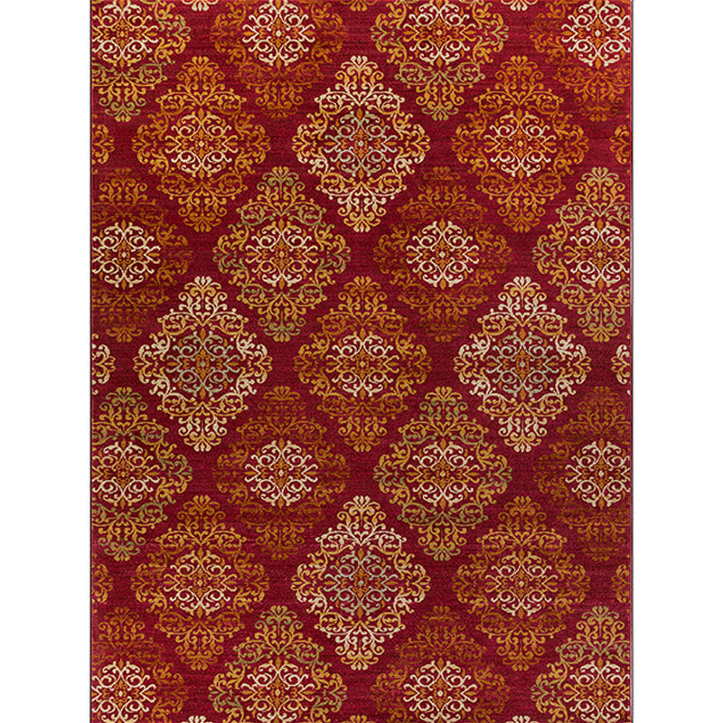 Sikunuo | Persian checkered printed carpet with floral red polyester machine washable non-slip carpet for living room