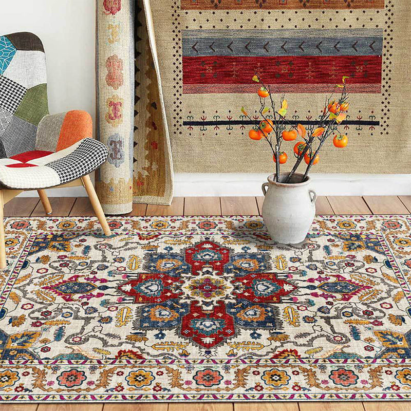 Sikunuo | unique medallion pattern rug with floral blue and red Persian rug polyester machine washable non-slip rug for the bedroom